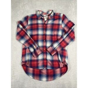 American Eagle Boyfriend Fit Button Up Flannel Shirt Size Medium Red Blue Plaid